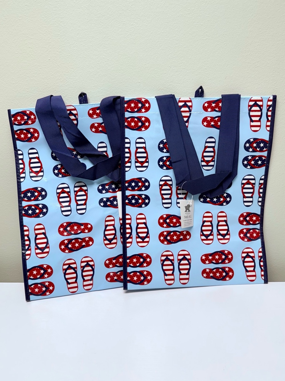 Set of 2 Patriotic Flip Flop Print Tote Bags - Light Blue, Red & Navy, 17” x 13”